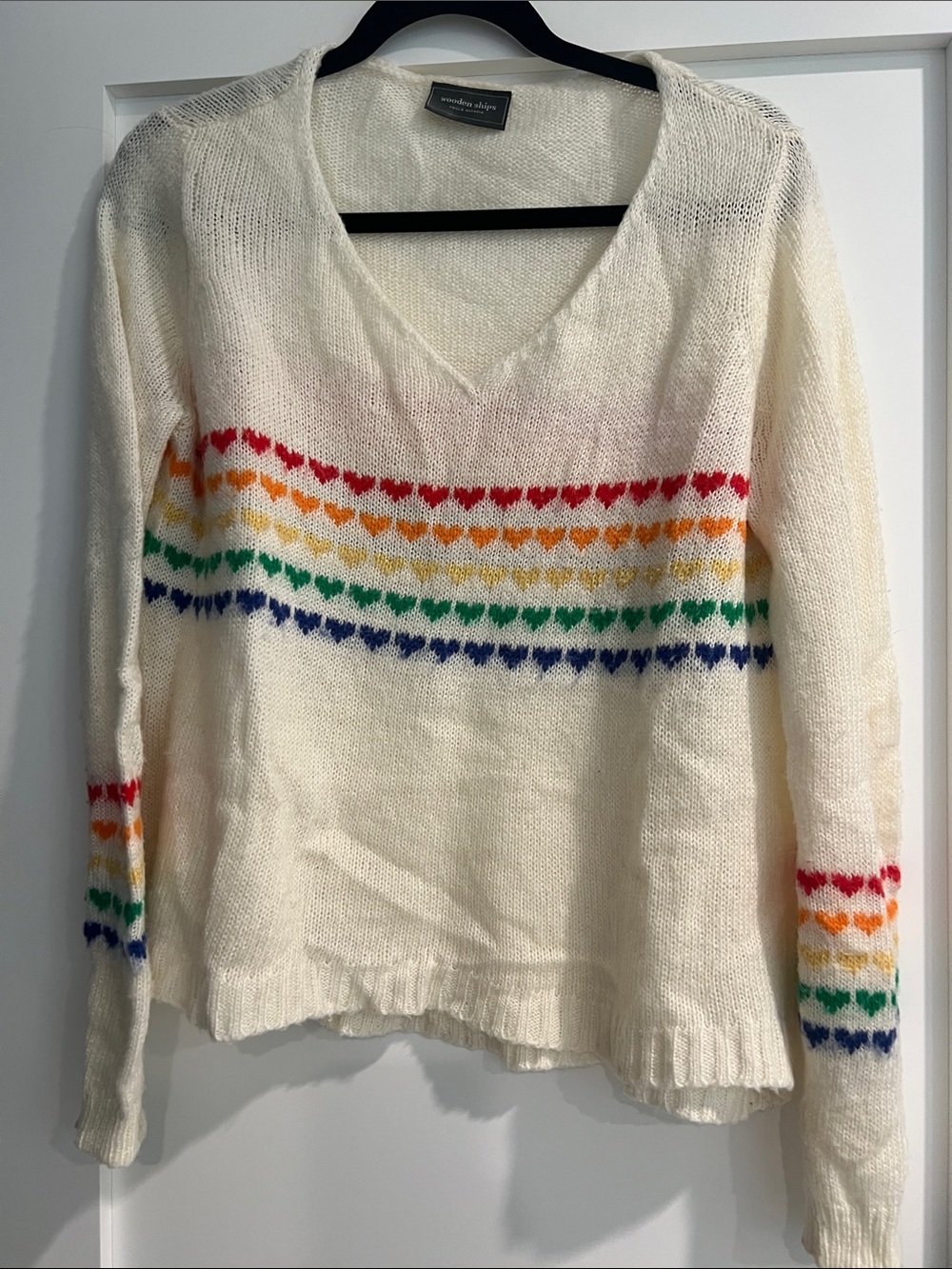 Wooden Ships Cream Knit V-Neck Sweater with Rainbow Hearts